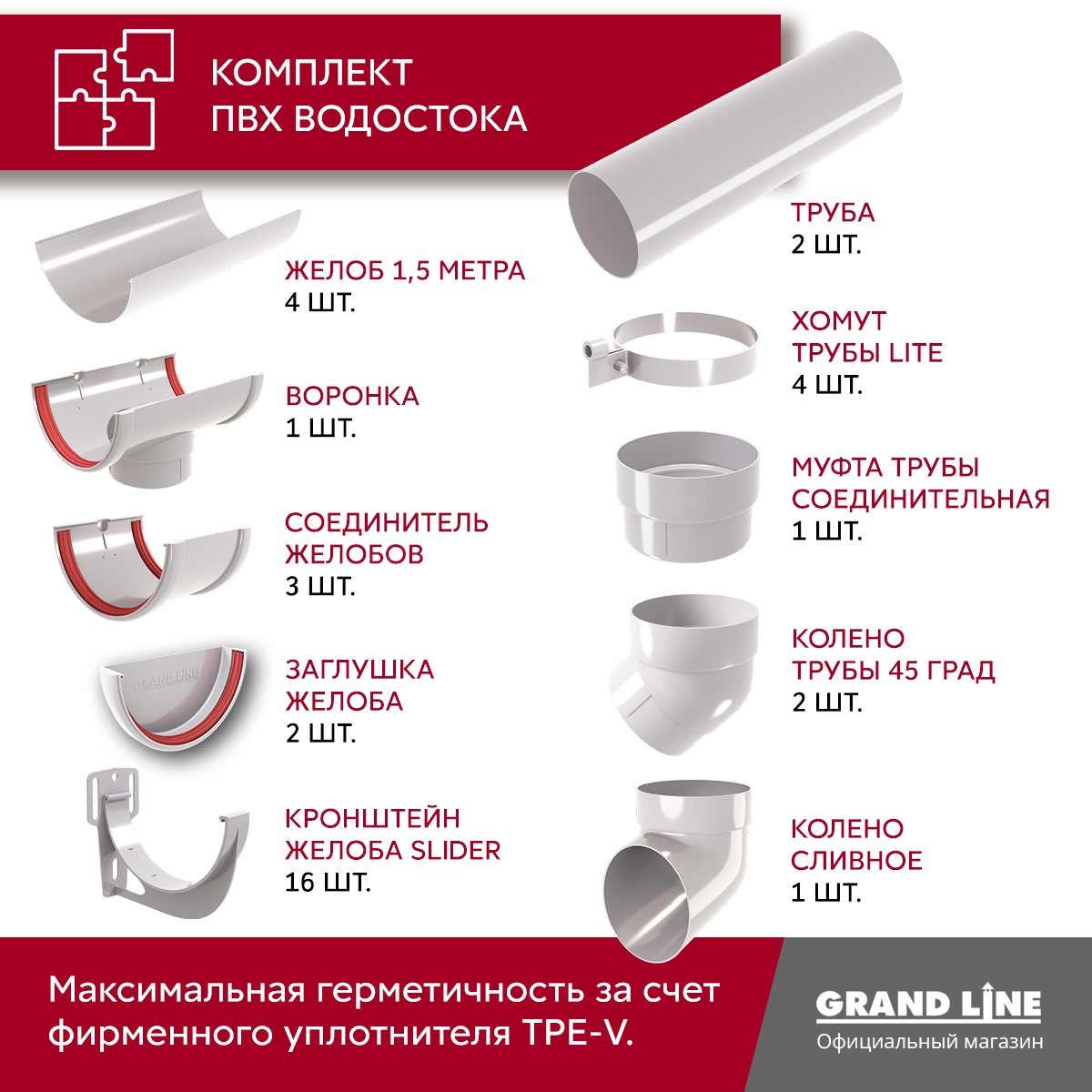 Комплект водосточной системы Классика 120 ПВХ Grand Line, 6 м/3м белый (RAL 9003)
