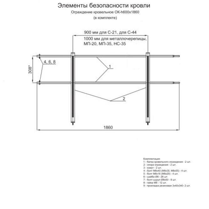 Ограждение кровельное ОК-h600х1860 мм